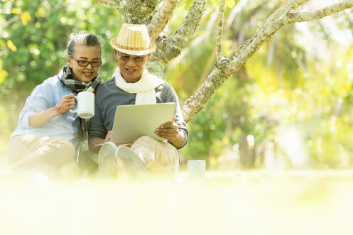 ndl- Asian Lifestyle senior elderly retire couple drinking coffee and work from home online in the nature park happy and relax time.